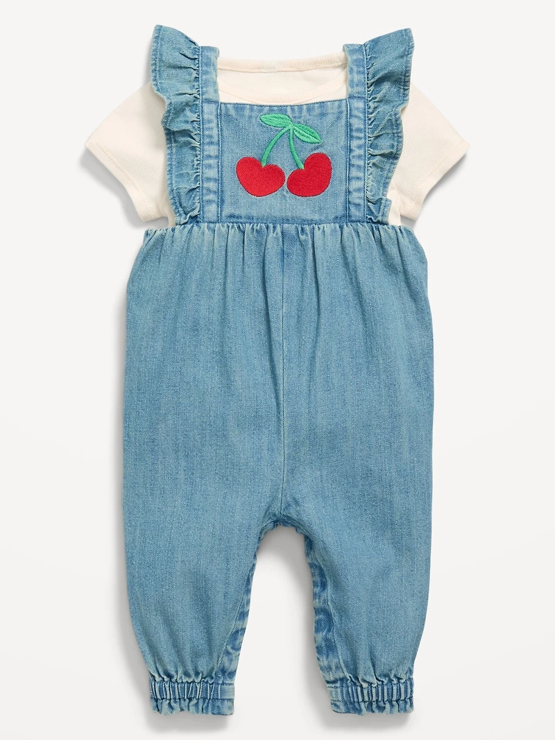 Short-Sleeve Ribbed T-Shirt and Chambray Jumpsuit Set for Baby