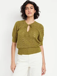 Wool-Blend Puff-Sleeve Tie-Neck Sweater