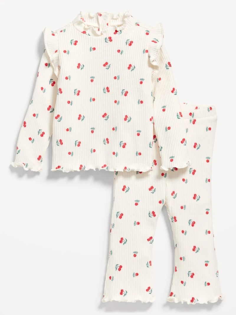 Printed Cozy Rib-Knit Ruffled Top and Pants Set for Baby