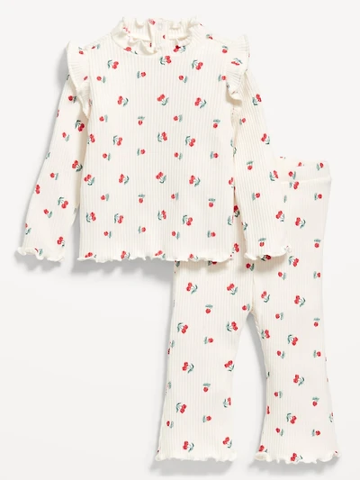 Printed Cozy Rib-Knit Ruffled Top and Pants Set for Baby