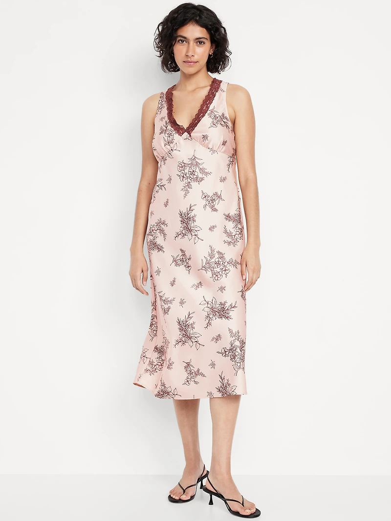 Lace-Trim Satin Midi Dress
