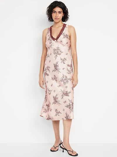 Lace-Trim Satin Midi Dress