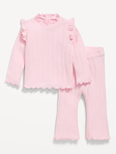 Cozy Long-Sleeve Ribbed Ruffle-Trim Top and Pants Set for Baby