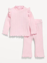Cozy Long-Sleeve Ribbed Ruffle-Trim Top and Pants Set for Baby