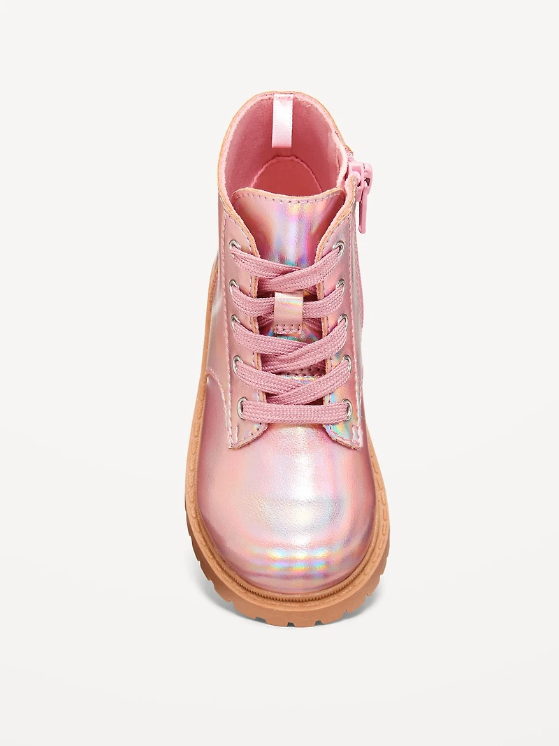 Shiny Faux-Leather Side-Zip Combat Boots for Toddler Girls