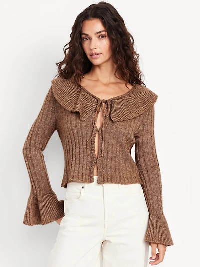 Wool-Blend Ruffle Tie-Front Cropped Cardigan