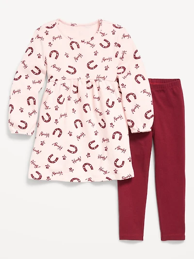 Long-Sleeve Waffle-Knit Dress and Leggings Set for Toddler Girls