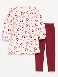 Long-Sleeve Waffle-Knit Dress and Leggings Set for Toddler Girls
