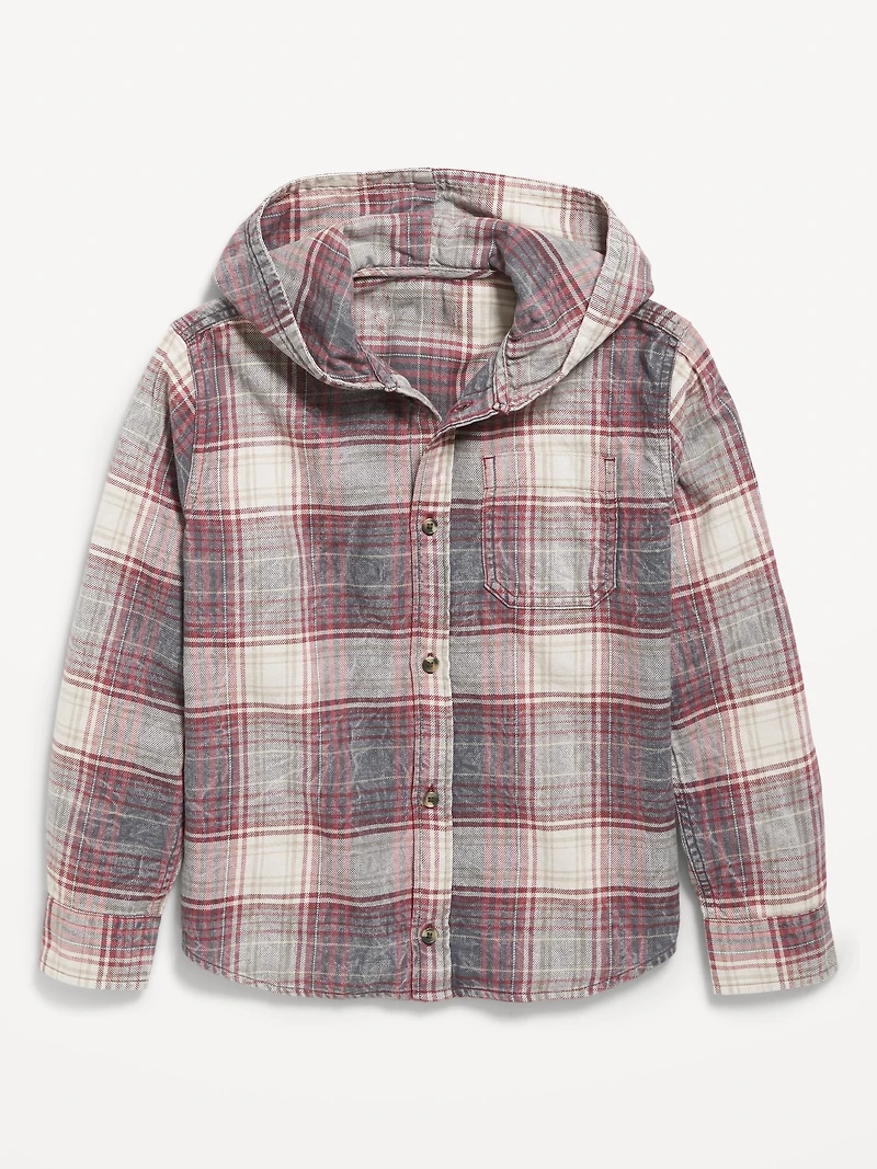 Long-Sleeve Plaid Washed Flannel Hooded Shirt for Boys