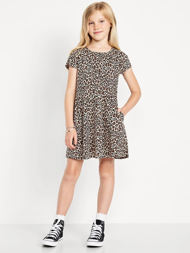 Printed Short-Sleeve Fit and Flare Dress for Girls