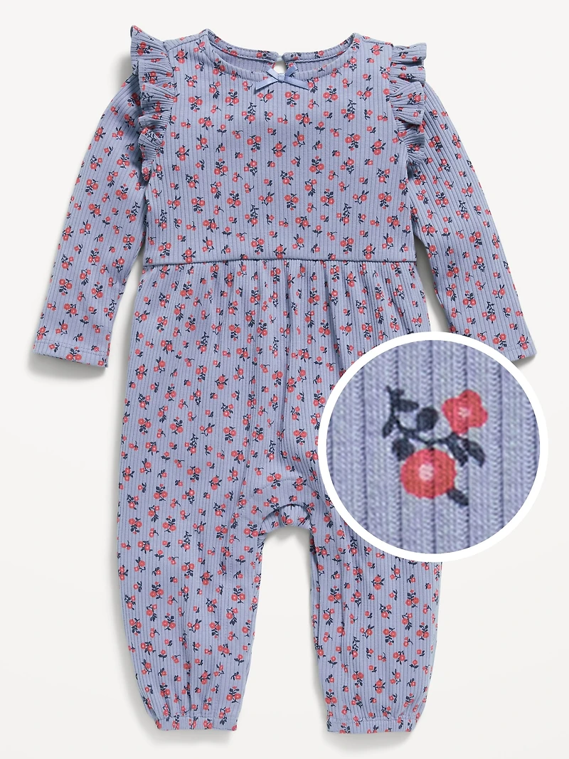 Long-Sleeve Ruffle-Trim Ribbed Jumpsuit for Baby