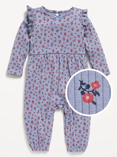 Long-Sleeve Ruffle-Trim Ribbed Jumpsuit for Baby