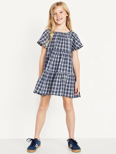 Printed Flutter-Sleeve Double-Weave Tiered Swing Dress for Girls