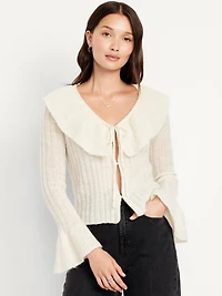 Wool-Blend Ruffle Tie-Front Cropped Cardigan