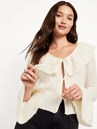 Wool-Blend Ruffle Tie-Front Cropped Cardigan
