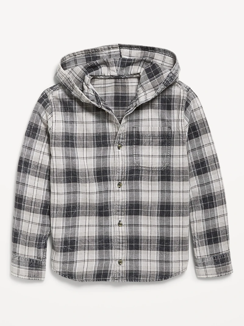 Long-Sleeve Plaid Washed Flannel Hooded Shirt for Boys
