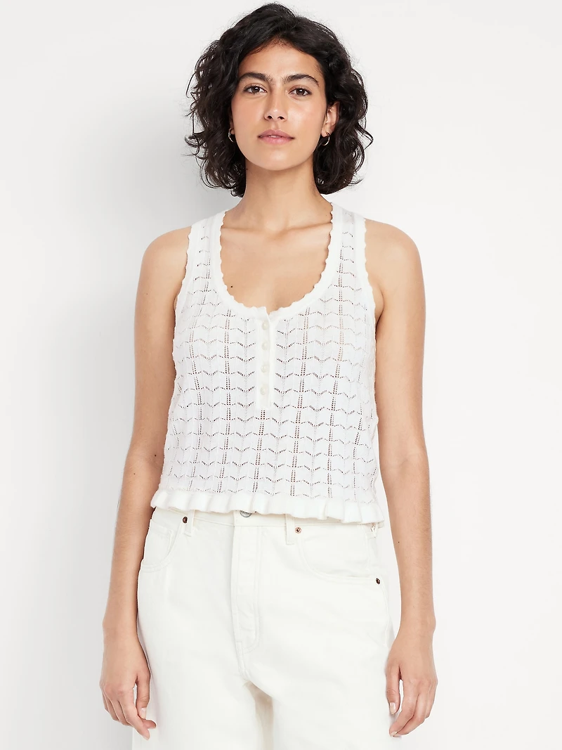 Sleeveless Pointelle Cropped Henley Top