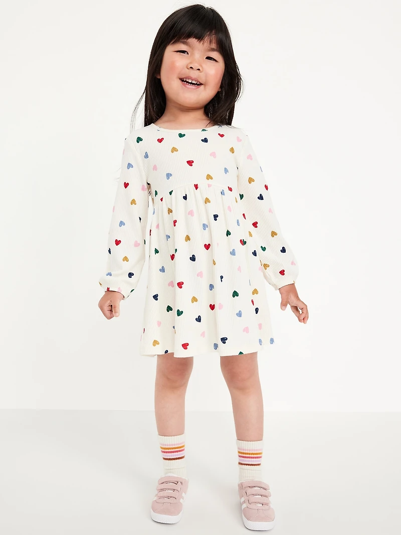 Printed Long-Sleeve Ribbed Dress for Toddler Girls