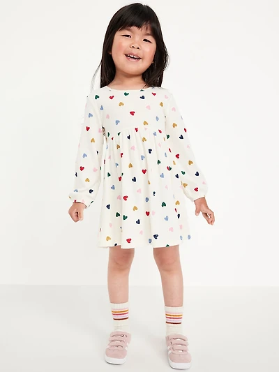 Printed Long-Sleeve Ribbed Dress for Toddler Girls