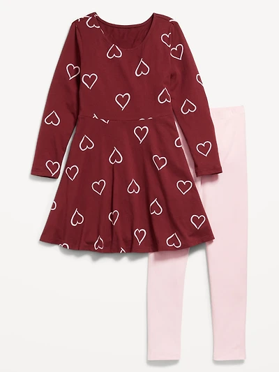 Long-Sleeve Fit and Flare Dress Leggings Set for Girls