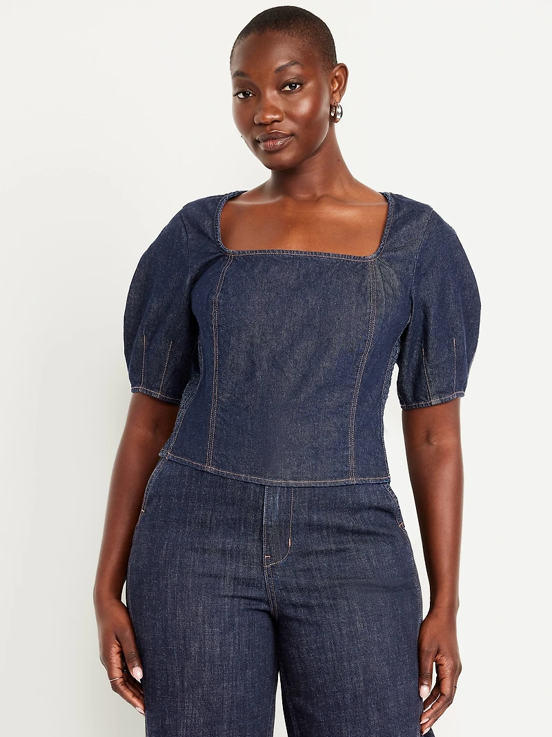 Square-Neck Denim Cropped Top