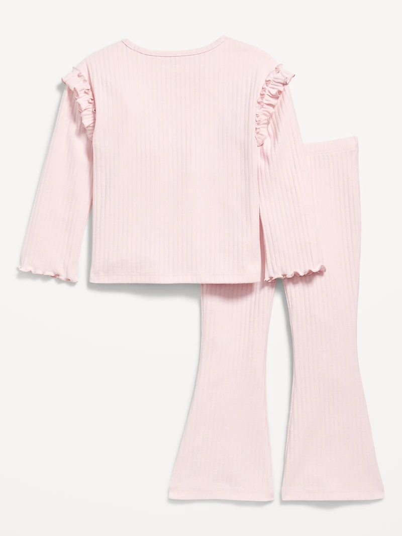 Long-Sleeve Ruffle-Shoulder Top and Flare Leggings Set for Toddler Girls