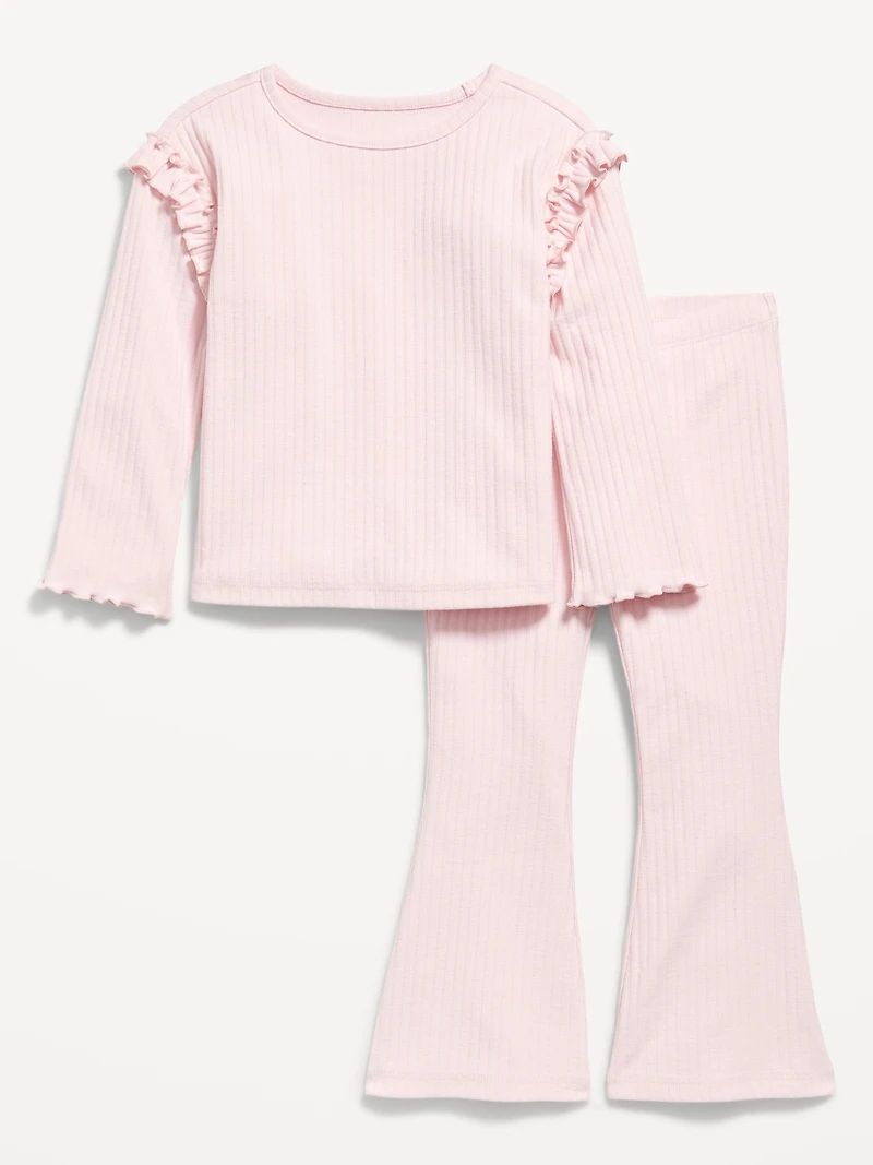 Long-Sleeve Ruffle-Shoulder Top and Flare Leggings Set for Toddler Girls