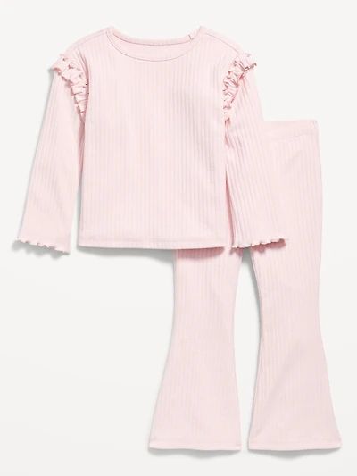 Long-Sleeve Ruffle-Shoulder Top and Flare Leggings Set for Toddler Girls