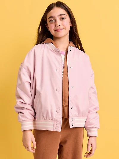 Loose Button-Front Satin Bomber Jacket for Girls