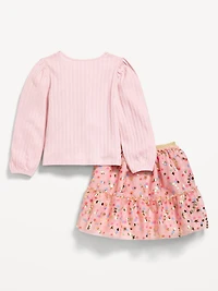 Long-Sleeve Pointelle Top and Tutu Skirt Set for Toddler Girls