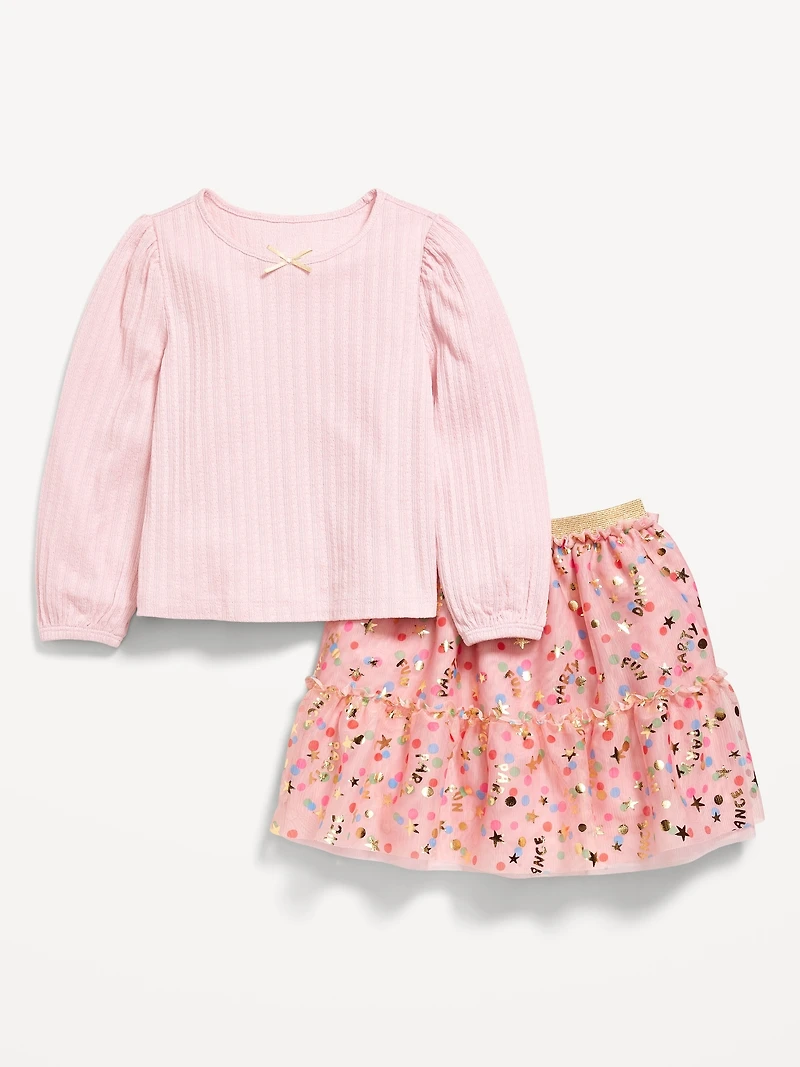 Long-Sleeve Pointelle Top and Tutu Skirt Set for Toddler Girls