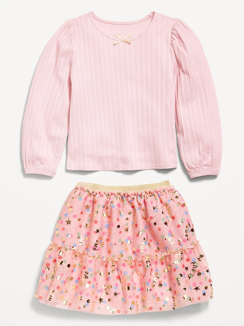 Long-Sleeve Pointelle Top and Tutu Skirt Set for Toddler Girls