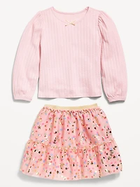 Long-Sleeve Pointelle Top and Tutu Skirt Set for Toddler Girls