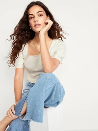 Square-Neck Seamed Denim Top
