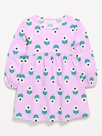 Printed Long-Sleeve Ribbed Dress for Toddler Girls