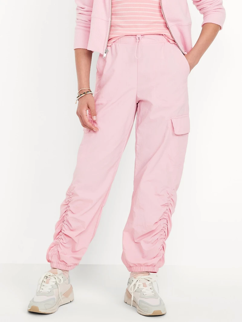 High-Waisted Side Ruched Cargo Parachute Joggers for Girls