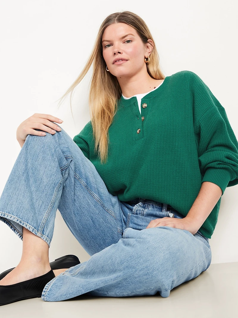 Oversized Cozy Waffle Henley Top