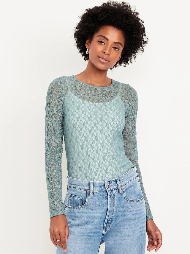 Long-Sleeve Lace Crew-Neck Top