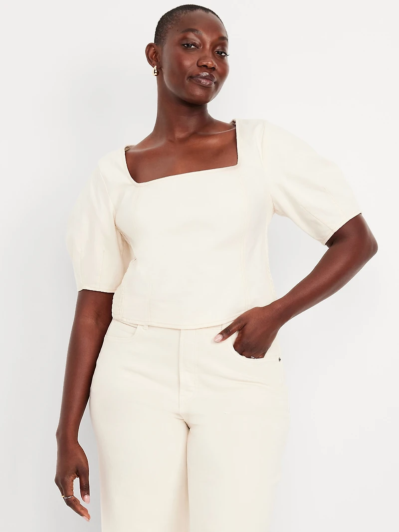 Square-Neck Seamed Denim Top