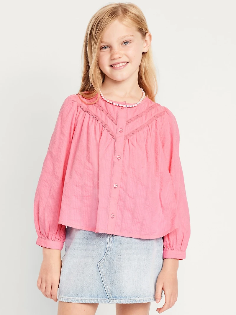 Long-Sleeve Lace Trim Button-Front Top for Girls