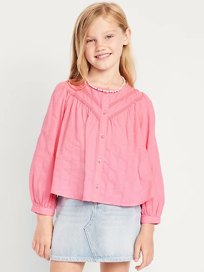 Long-Sleeve Lace Trim Button-Front Top for Girls