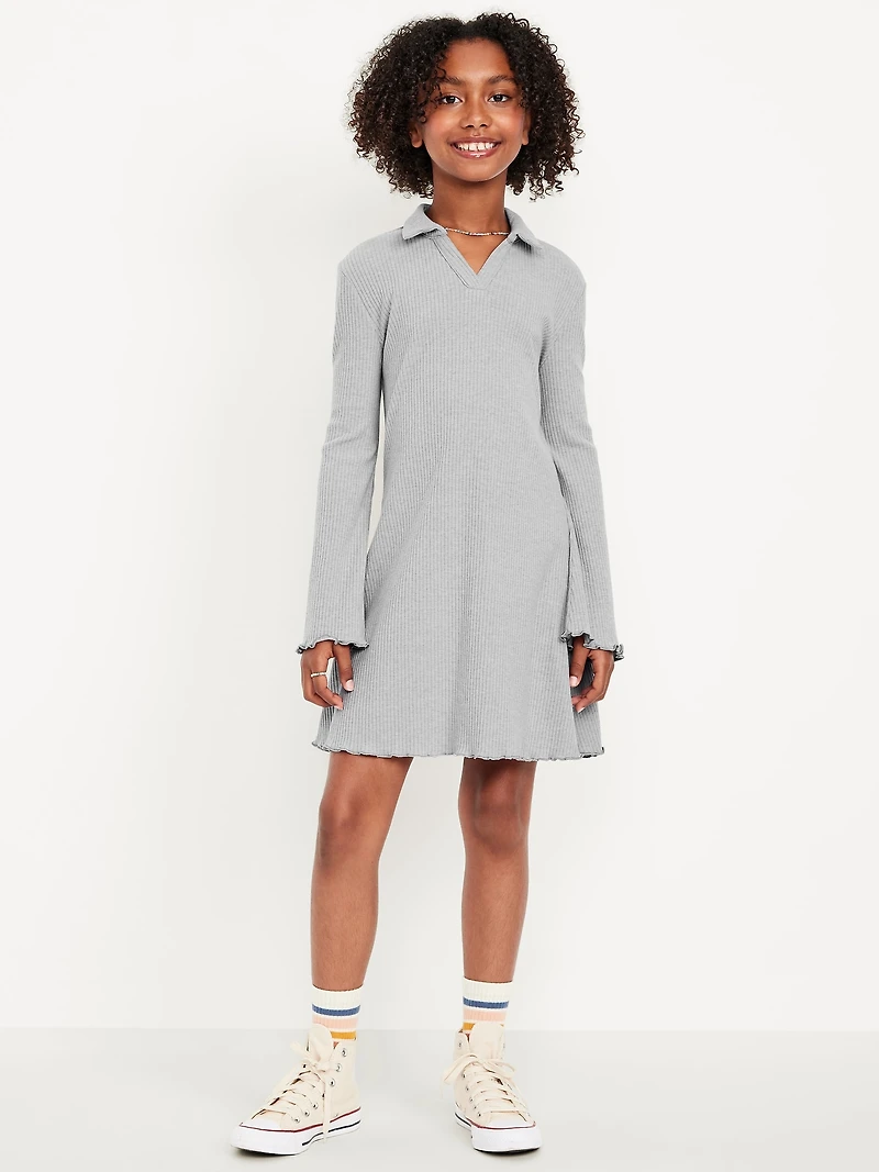 Long-Sleeve Fit and Flare Ribbed Polo Dress for Girls