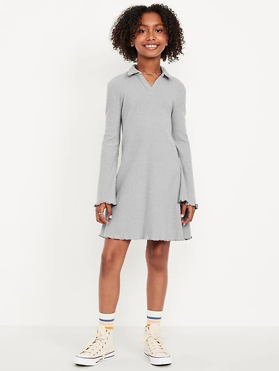 Long-Sleeve Fit and Flare Ribbed Polo Dress for Girls