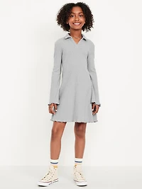 Long-Sleeve Fit and Flare Ribbed Polo Dress for Girls