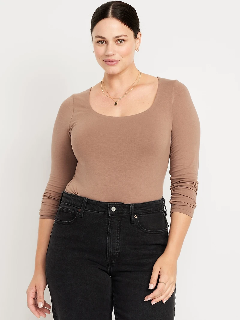 Fitted Double-Layer Scoop-Neck Top