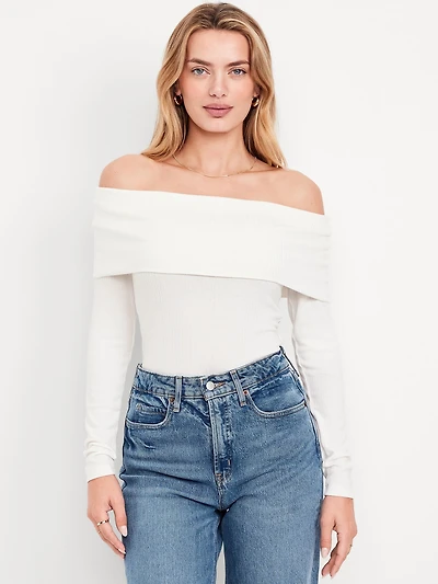 Off-Shoulder Long-Sleeve Ribbed Top