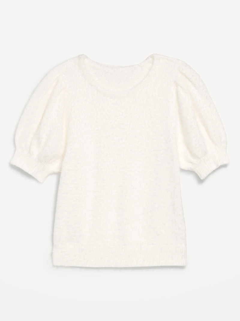 Cropped Puff-Sleeve Eyelash Sweater