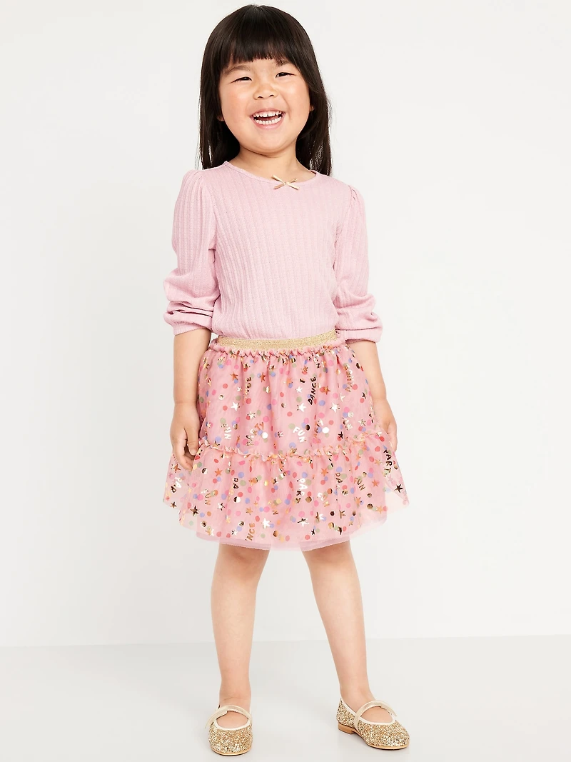 Long-Sleeve Pointelle Top and Tutu Skirt Set for Toddler Girls