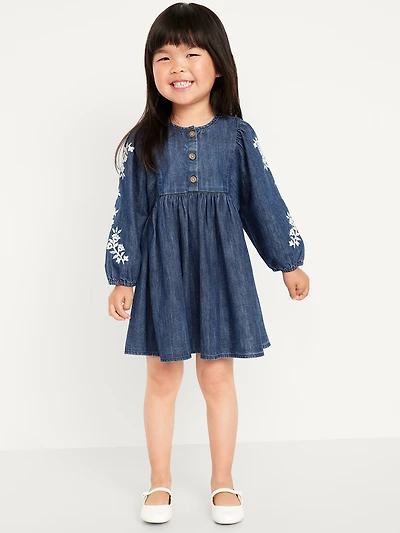 Long-Sleeve Embroidered Jean Dress for Toddler Girls