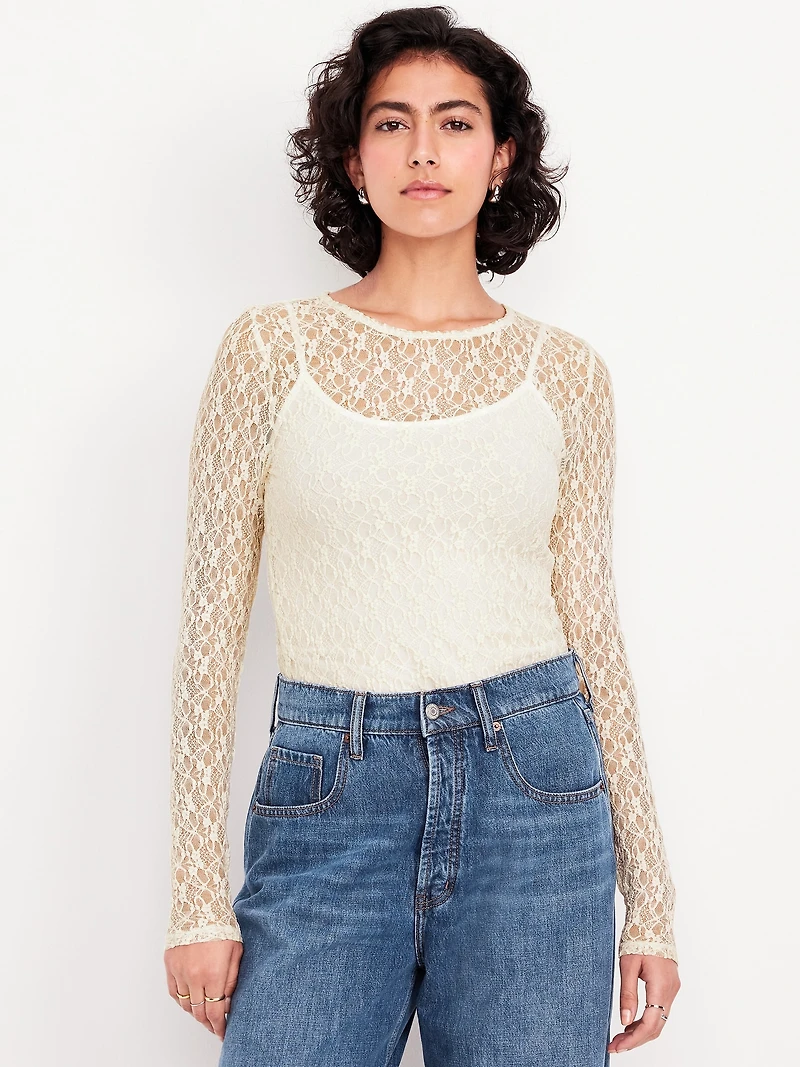 Long-Sleeve Lace Crew-Neck Top